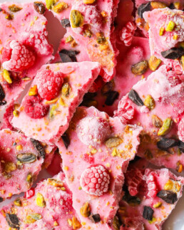 Close up image of raspberry yogurt bark and toppings