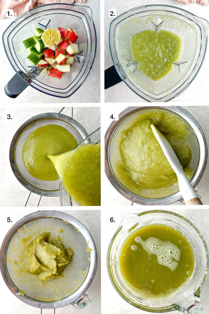 6 step visual showing how to make apple cucumber juice in a blender