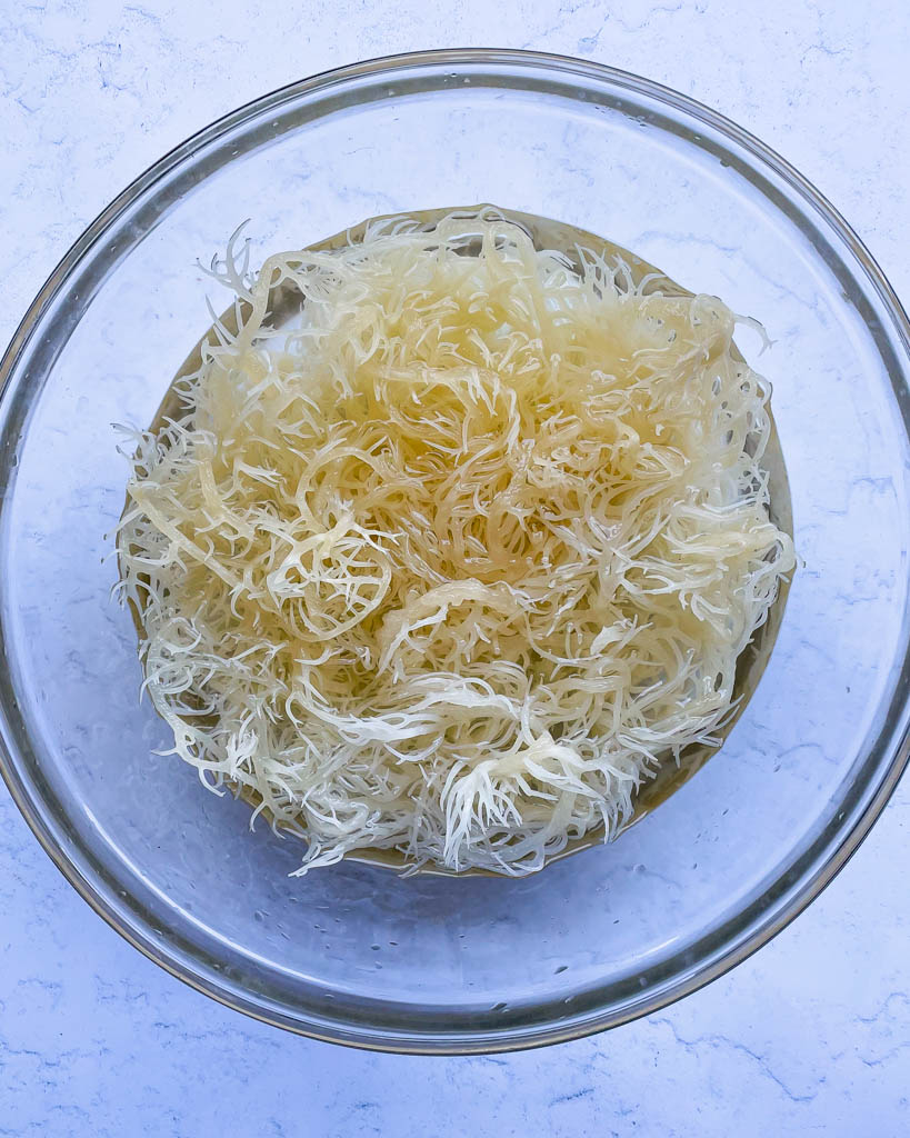 a bowl of dried raw irish sea moss soaking in water