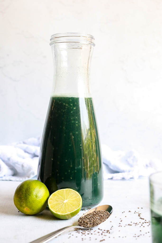 a pitcher of spirulina drink (with the option to include sea moss gel)